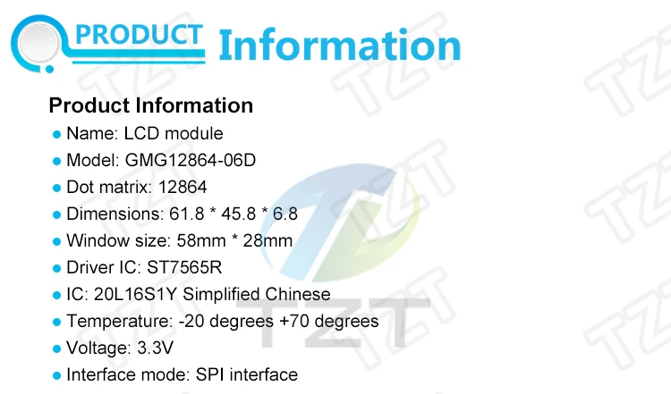 TZT 12864-06D, 12864, ЖК-модуль, COG, с китайским шрифтом, матричный экран, SPI интерфейс