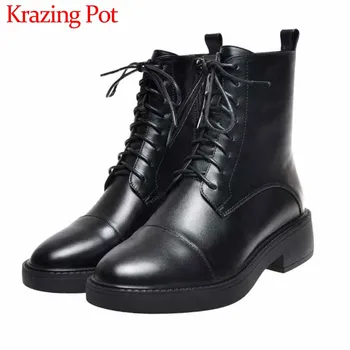 

Krazing Pot genuine leather boots solid lace up round toe med heels winter fashion comfortable keep warm women ankle boots L30