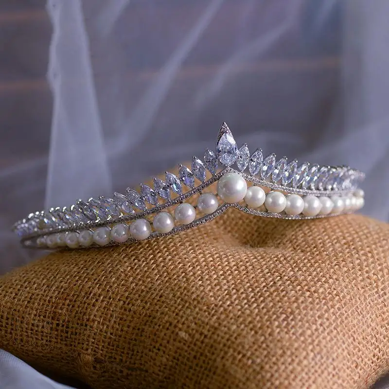 Zircon Pearl Tiara Crown Zirconia CZ Headpiece Princess Queen Headband For Evening Dress Wedding Accessories Bridal Hair Jewelry