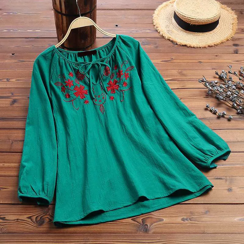  Women Vintage Embroidery Floral Shirt Blouse Spring Autumn V Neck Long Sleeve Ladies Tops Blouses P