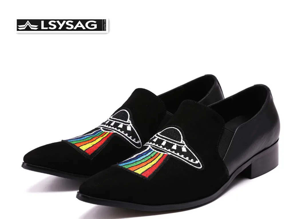 

Fashion British Style Genuine Leather Men Business Shoes Pointed Toe Loafers Embroidery Banquet Men Dress Shoes