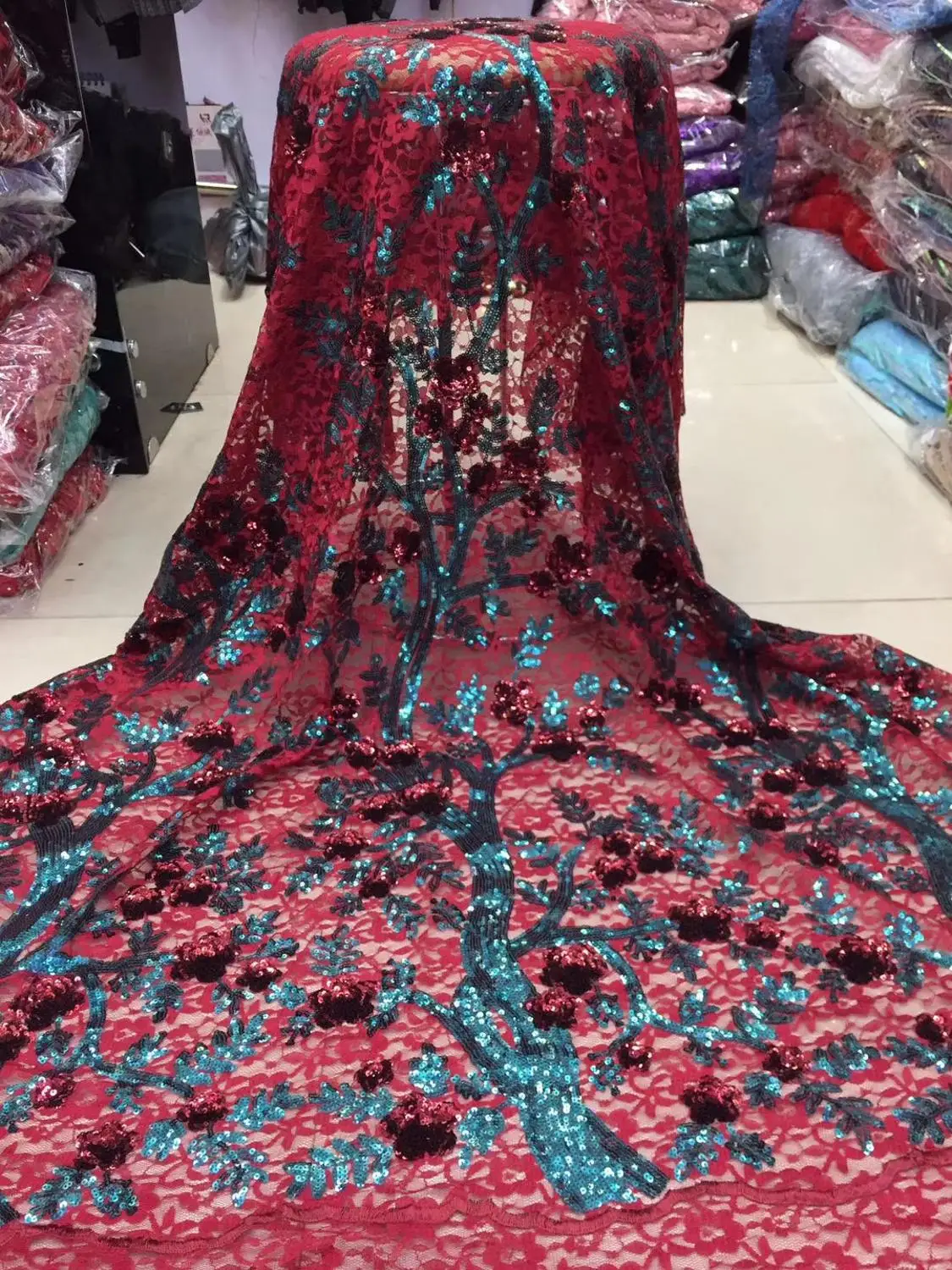 

French lace fabric 5yds/pce sequins tree&leaf patterns embroidery mesh fabrics women gorgeous lagos party nigerian asoebi dress