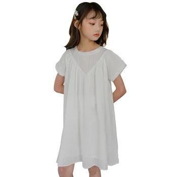 

Girls Summer white dress 2020 New Kids Girls Korean Striped Hollow Dresses Teen Girls Sweet Princess Party Frocks