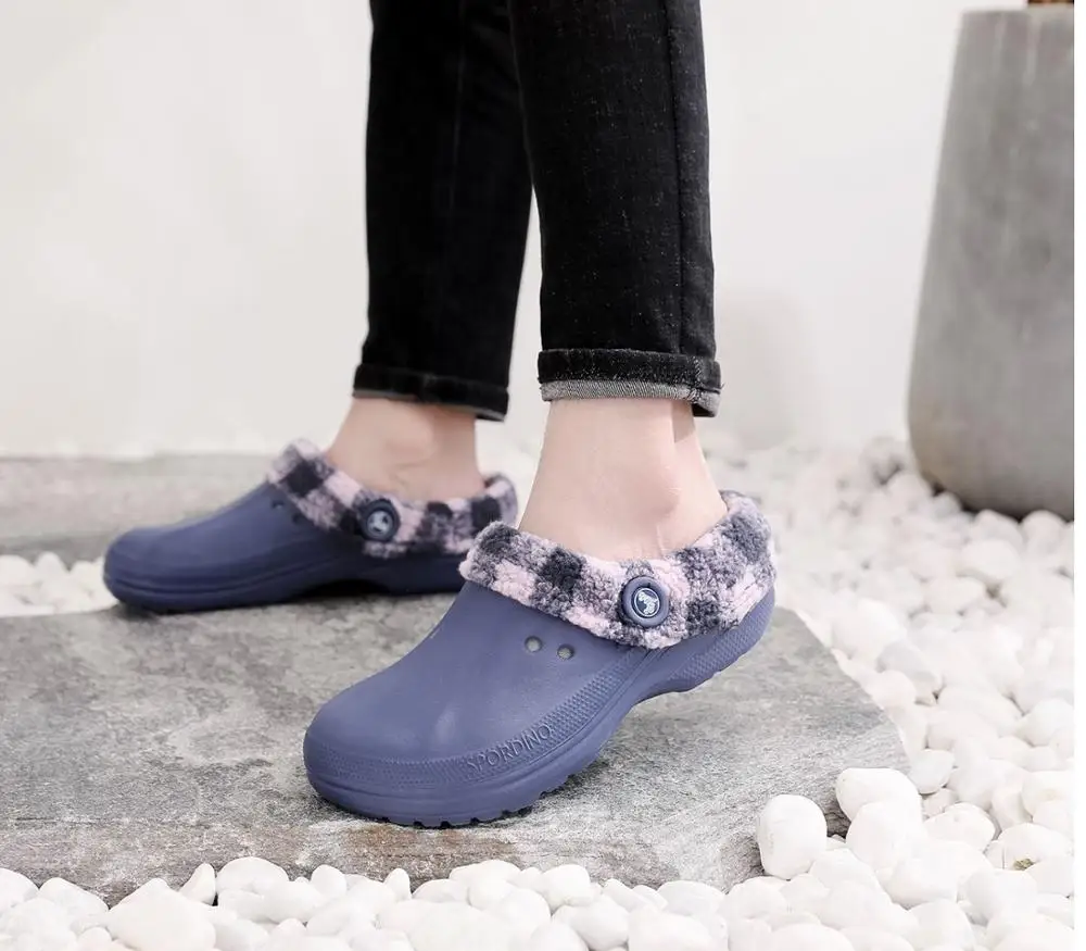 navycolor Original RH Eco Unisex Warm Winter Fur Garden Shoes Clog Indoor Casual Warm Home Slippers EVA Flat Clogs Footwear - Цвет: navycolor