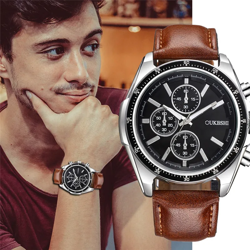 

High-end Men's Watch British Style Leather Strap Quartz Large Dial Business Retro Simple Male wrist watches jam tangan pria