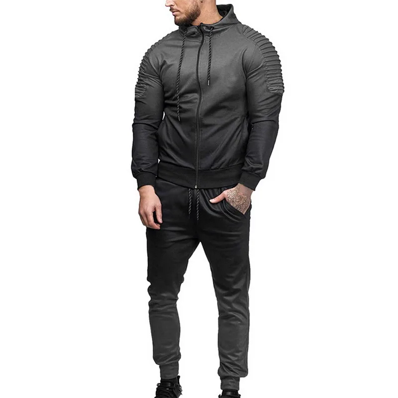 CYSINCOS Мужская спортивная одежда комплект свитшот на молнии с капюшоном 3D печать плиссированная Толстовка брюки костюм осенняя куртка брюки спортивный костюм - Цвет: Dark Gray Set