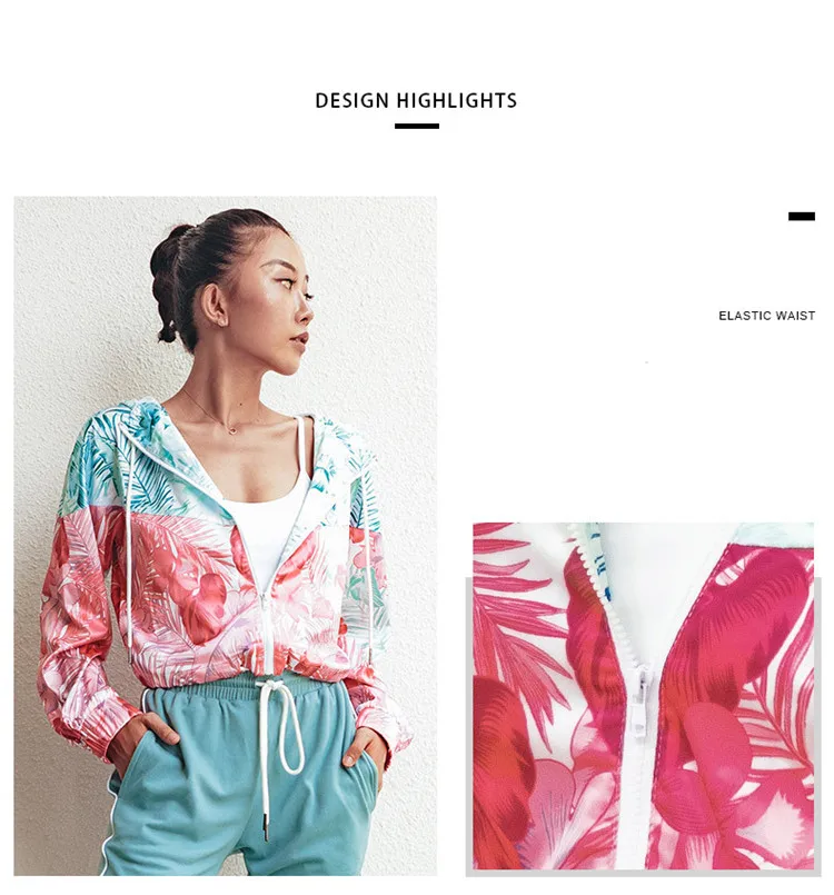 New Thin style Women Running Jacket Floral Printed Yoga Zipper Jackets Drawstring hem Sport Coat Fitness Outwear Tops