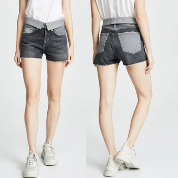 

2020 Spring Summer Women's Turn Waist Color Block High Waist Button Dark Grey Denim Short PANTS JEAN J2