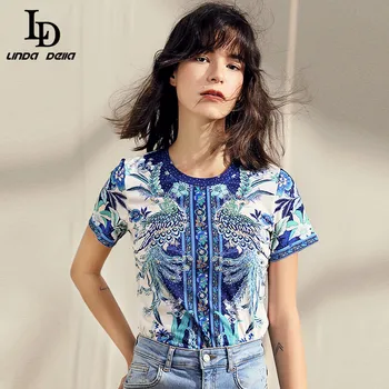 

LD LINDA DELLA Summer T-shirt Casual Short Sleeve Top Women's O-Neck Pattern Blue Floral Print Beading Tops Ladies Tee