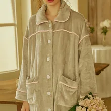 Винтажный мягкий фланелевый Теплый Женский длинный халат, зимний длинный рукав, элегантная женская Свободная Пижама принцессы, большие длинные ночные рубашки