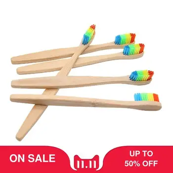 

4pcs Bamboo Toothbrush Rainbow Nylon Infused Bristles Recycled Biodegradable Environment Wooden Soft Bristle Toothbrush