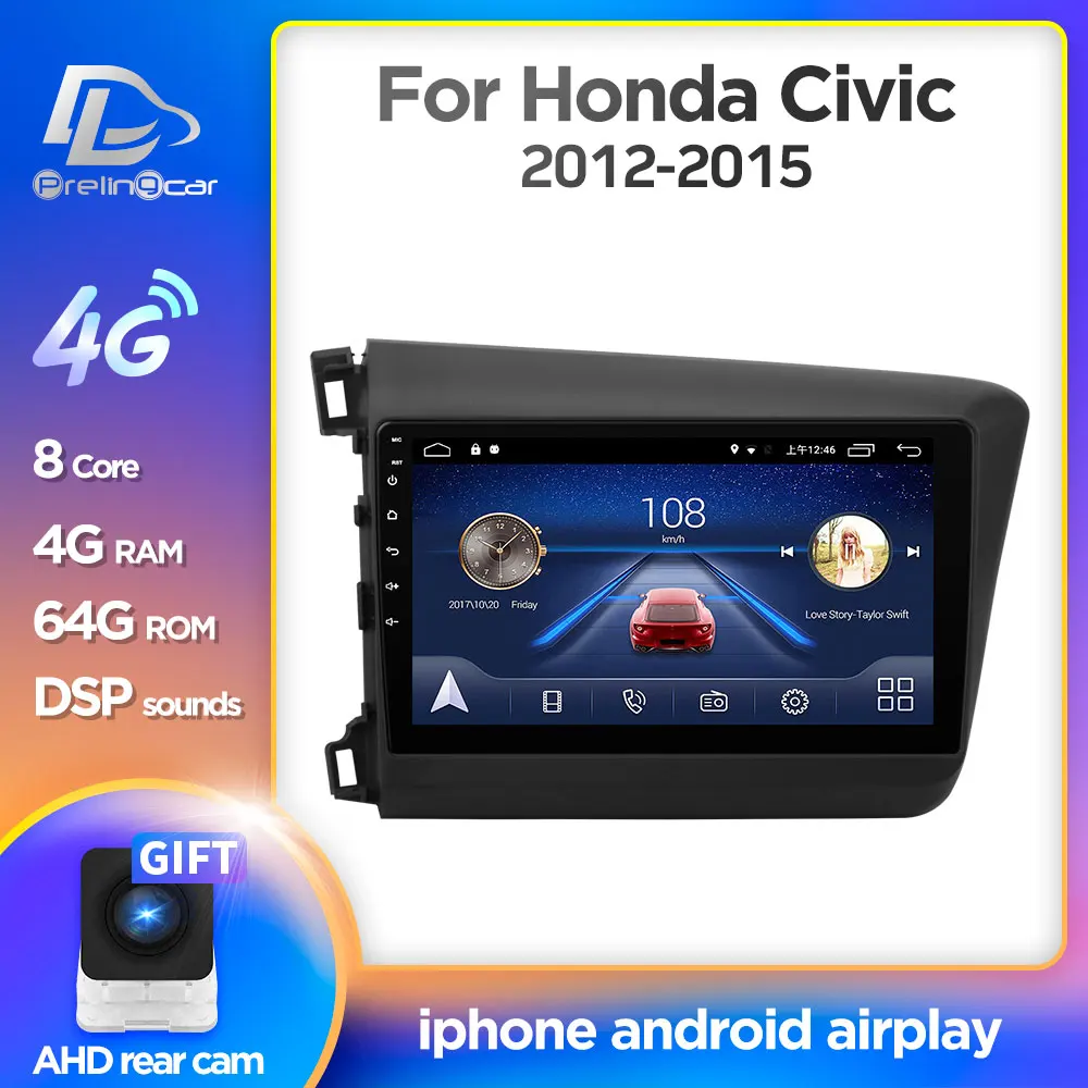 Автомагнитола Prelingcar Android 10 для Honda Civic 2012 2013 2014 2015 мультимедийный видеоплеер GPS
