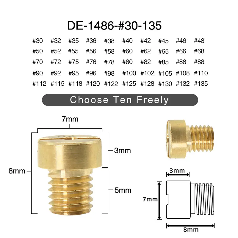 10pcs/12pcs Main Jet M5 For Dellorto Carburetor SHA SHB UA UB PHBG VHB-CS VHBT-CS #30-135 PHBG Idle Pilot Jet motorcycle carburetor