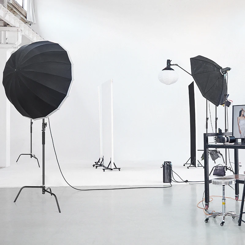 Black Heavy Duty Light Stand with Detachable Base 5-10 feet/1.6-3.2 meters Adjustable C Stand with 2 Risers for Photography