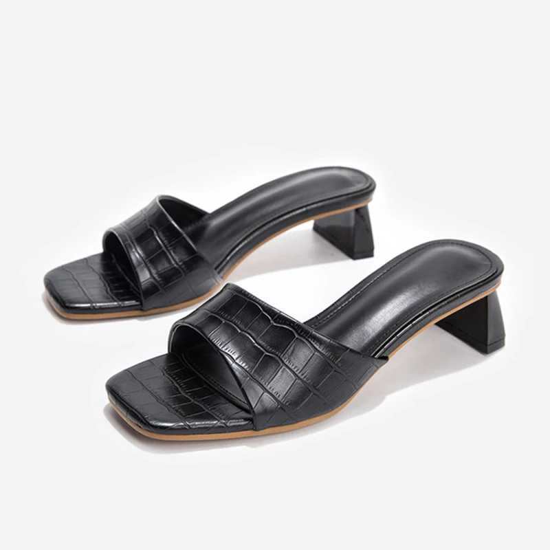 

Summer Women Thick Heels Slippers Fashion Square Toe Lattice Ladies Slip On Slides Hot Sell Shoes Woman Casual Female Sandals