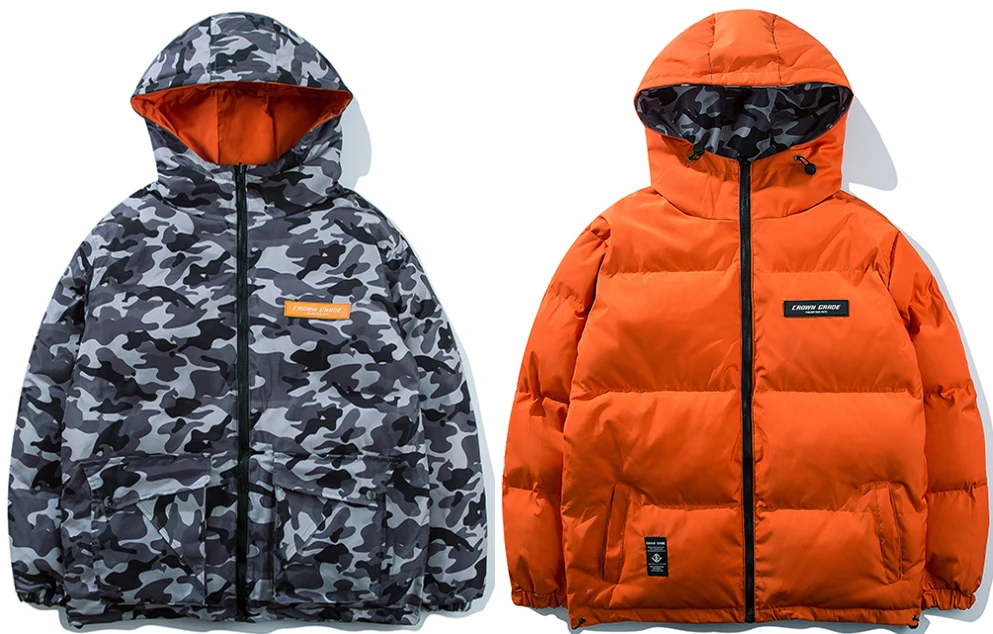 Camouflage orange Хип-хоп камуфляжная куртка с капюшоном парка Мужская ветровка уличная Harajuku зимняя стеганая куртка пальто двусторонний свитер - Цвет: Camouflage orange