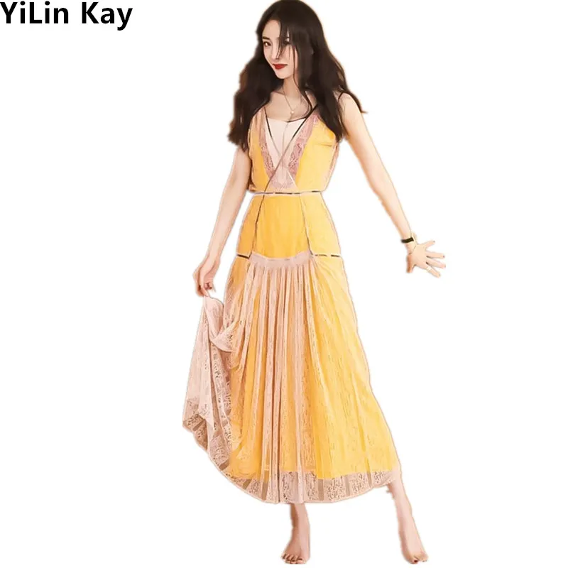

YiLin Kay High Quality Women Runway Designer Summer Dress 2019 New Lace sexy backless sleeveless Long dress