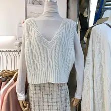 Корейский женский сплошной цвет v-образным вырезом твист вязаный жилет свитер женский жилет