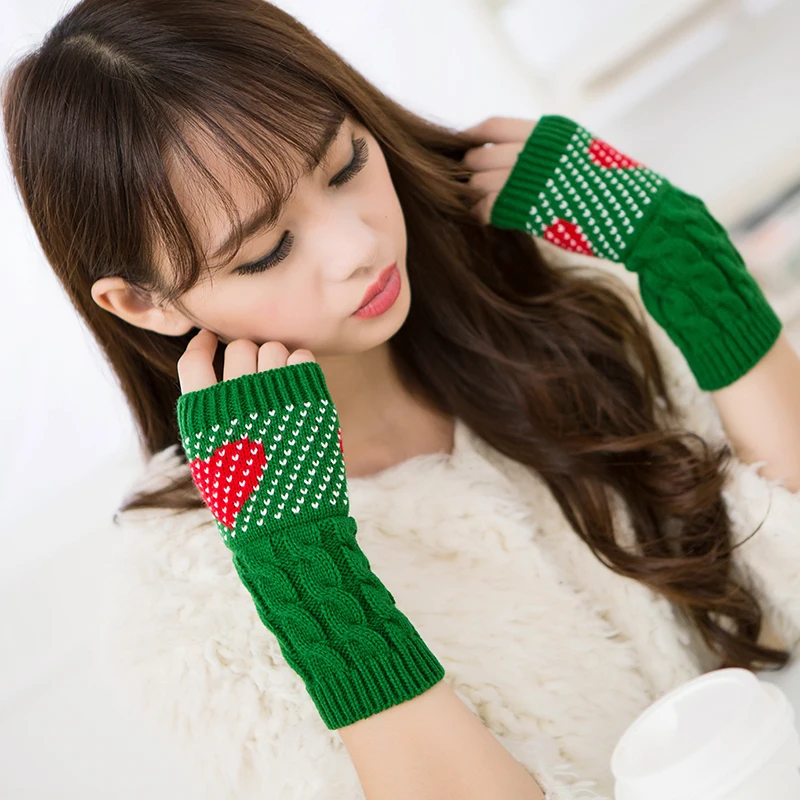 Зимние женские шерстяные теплые перчатки 22 см с принтом сердца, вязаные шерстяные однотонные Длинные вязаные перчатки без пальцев