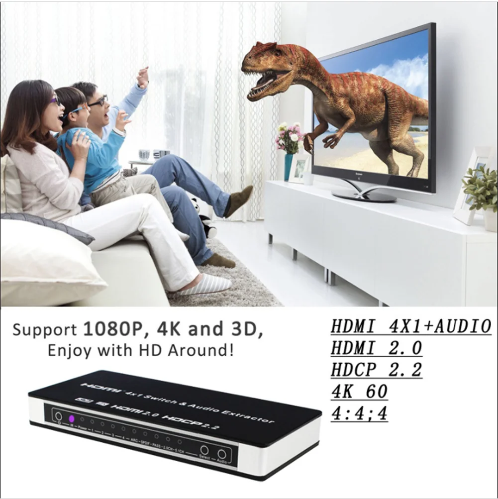 4-портовый HDMI 2,0 переключатель 4x1 с инфракрасным пультом дистанционного управления 60 Гц HDCP 2,2 ARC 3D HDMI коммутатор+ оптический Toslink L/R аудио экстрактор