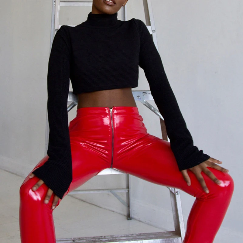 

Women's Fashion Sexy PU Glossy Zipper Trousers Pants Tights High Waist Skinny solid casual pencil pants