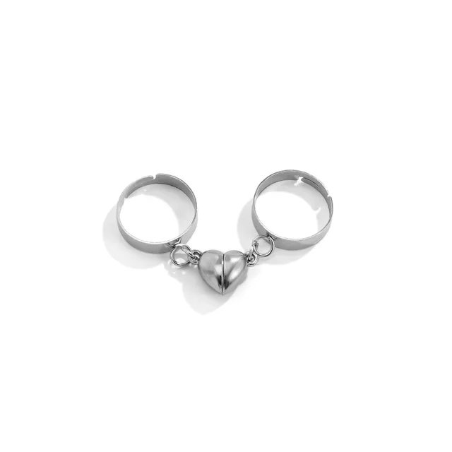 2Pcs Heart Magnet Couple Rings Punk Cuban Chain Charm Paired Rings For Lp Lovers Friend Adjustable Jewelry Party Gift Trend New Style 01