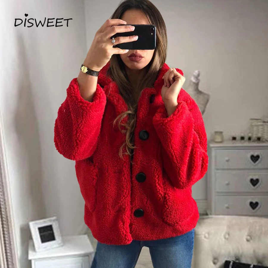 wonderful  Simple Solid Plush Women's Jacket Casual Long Sleeve Single Breasted Red Jacket Woman Winter Warm a