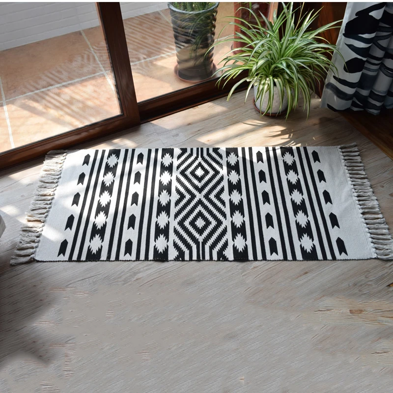 

Kilim 100% Cotton Black White Livingroom Carpet Geometric Indian Rug For Bedroom Stripe Modern Floor Mat Vintage Bohemia Nordic
