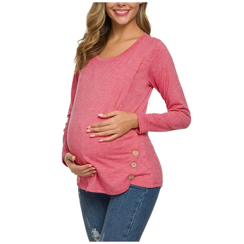 Для будующих мам зимние Для женщин для беременных, с длинным рукавом Боковая кнопка туника и кормящих мам для грудного вскармливания embarazada ropa 10 - Цвет: red