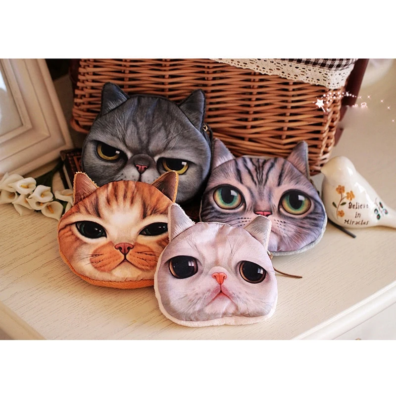 

WULI SEVEN Cartoon Cat Coin Purse 3D Cute Girl Wallet Bag Animal Face Zip Mini Cat Coin Purses Children's Small Coins Pouch