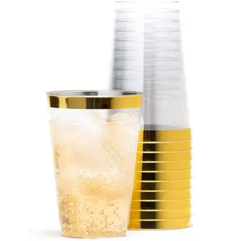 

12oz 50 Pieces Disposable Plastic Transparent Cup Gold Wedding Party Wine Juice Cup Tableware for Home Party Supplies 20E