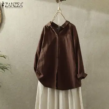 

ZANZEA Vintage Women Lapel Neck Long Sleeve Shirts Casual Buttons Down Blouse 2020 Spring Cotton Linen Tops Tunic Blusas Femme 7