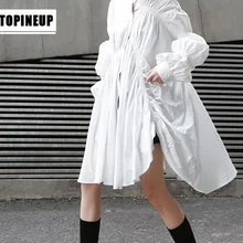 Европейский и американский стиль, супер милые белые плиссированное платье, стильное модное необычного стиля Фонари рукав рубашка-маятник платье