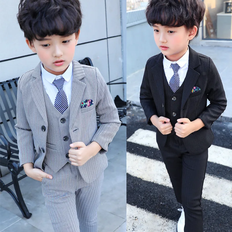 Children Formal Dress Suits Flower Baby Boys Striped Blazer Vest Pants 3pcs Clothing Sets Kids Wedding Party Performance Costume | Детская