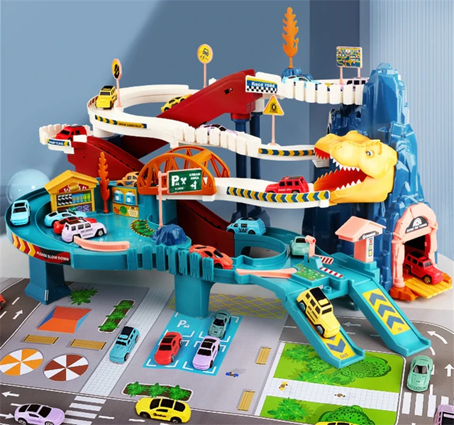 Electric Rail Car Dinosaur Building Parking Lot Adventure Racing Rail Car Toys Children Brain Mechanical Interactive