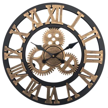 

Vintage Industrial Gear Wall Clock Round 3D Roman Numerals Retro Rustic Battery Operated Non-Ticking Large Art Home Decoration