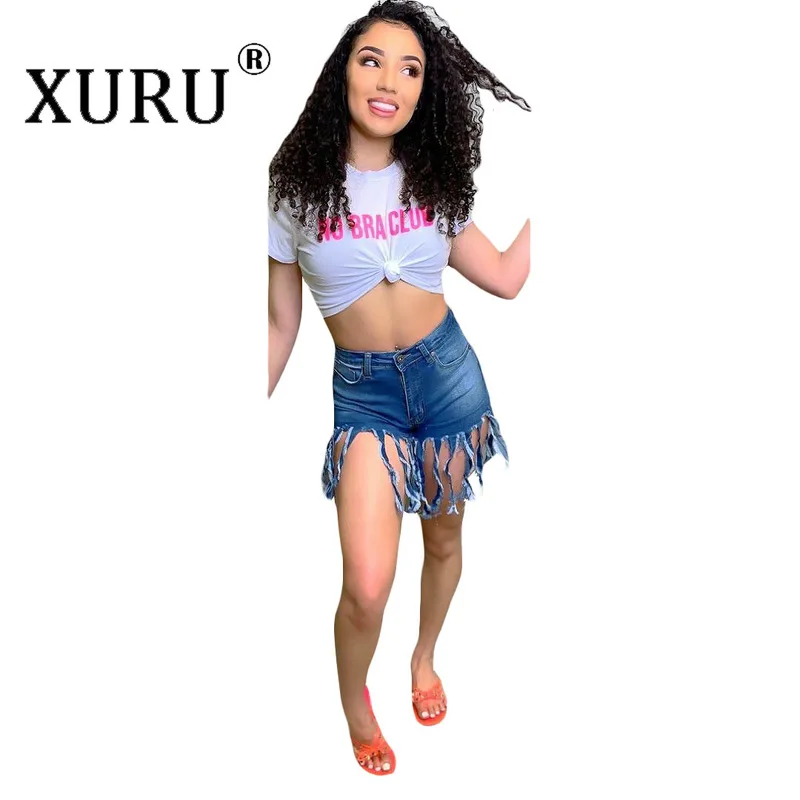 

XURU European and American Fashion Women's Jeans 2019 Autumn New Women's Tassel Sanding Hot Denim Shorts