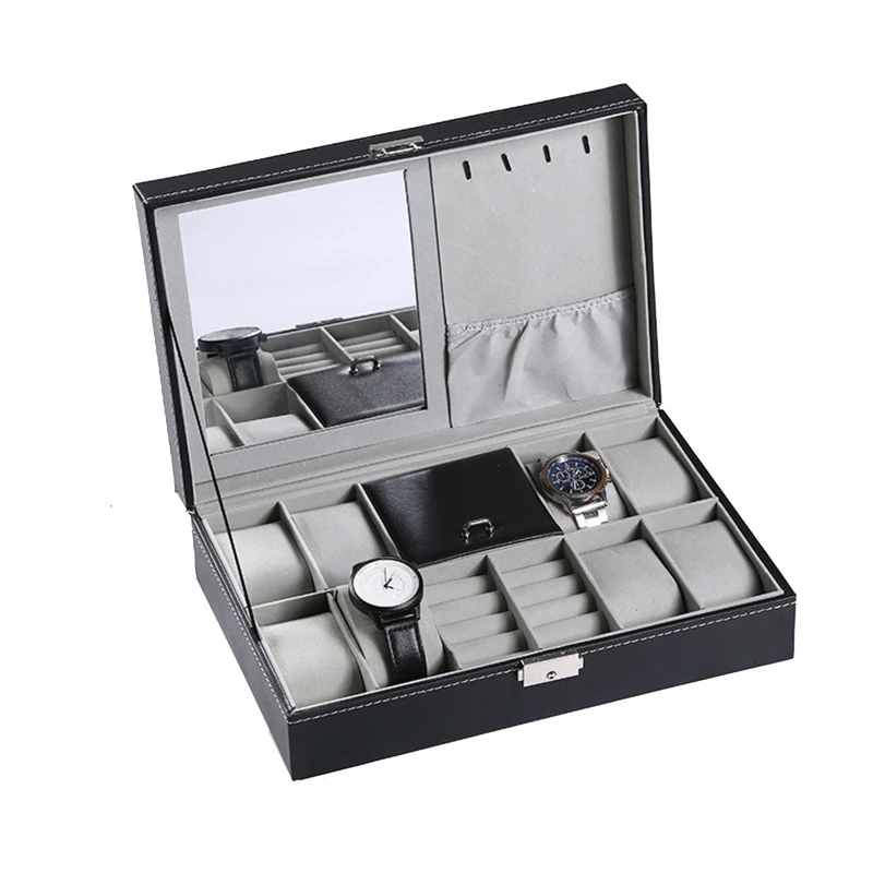 

Protable PU Leather Jewelry Earrings Rings Storage Box Display Collection Case Double Layer Glasses Watch Organizer
