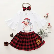 Рождественская Одежда для девочек Комбинезон с принтом Санта Клауса+ клетчатая юбка-пачка платье+ повязка на голову комплекты с длинными рукавами хлопковая одежда для малышей