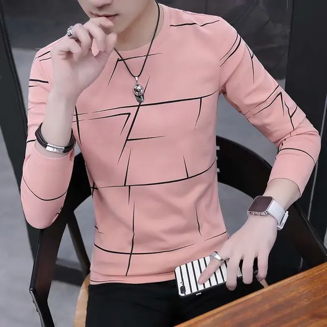 T Shirt Men Autumn Winter Men Long Sleeve T-shirt Stripe Shirt New Tshirt T Shirts O-Neck Casual Pink White Black as picture