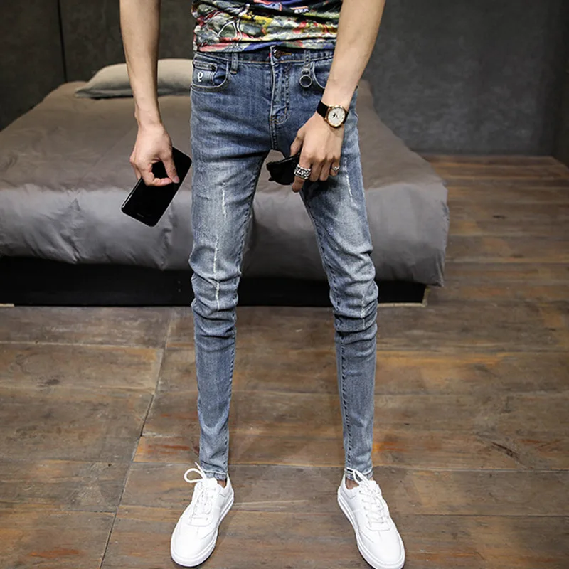 Мужские рваные джинсы с дырками Стрейчевые узкие облегающие джинсы для мужчин-подростков ковбойские джинсовые длинные узкие брюки для мужчин