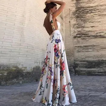 

Fashion Spaghetti Strap Sexy Bohemian Beach Dresses Floral Sleeveless Maxi Runway Dress V Neck Spring Vestido