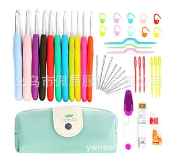 

High-grade knitting tool rainbow crochet set TPR soft handle aluminum crochet with bag accessories