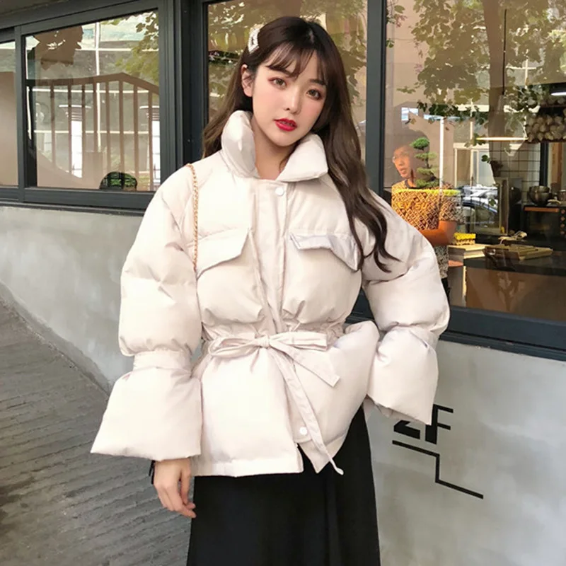 

INS Online Celebrity Lace-up Waist Hugging down Coat Female Winter 2019 New Style Korean-style Loose-Fit Stand Collar Thick Cott