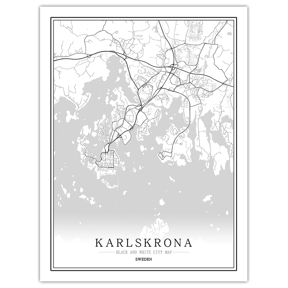Швеция черный белый мир Карта города плакат Скандинавская гостиная Stockholm Helsingborg настенные художественные картины Домашний декор холст живопись - Цвет: Karlskrona