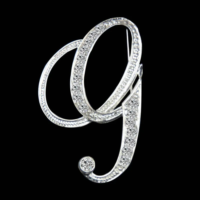 Letters A To Z Zinc Alloy Clear Crystal Rhinestone Brooch Pins Women In Silver Color Plated 