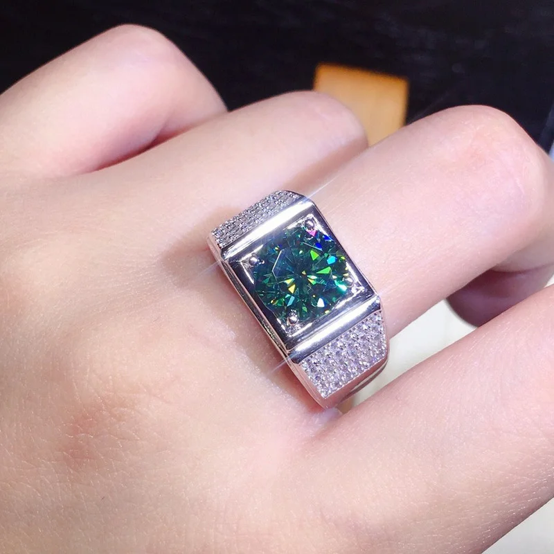 Male 3ct Lab Green Moissanite Ring 925 sterling silver Wedding band Rings for Men silver ring silver rings wedding rings moissanite ring