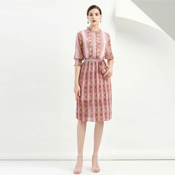 

Xiaomoli Pink Fashion retro print pleat medium length slim FAIRY DRESS 2020 new fashion