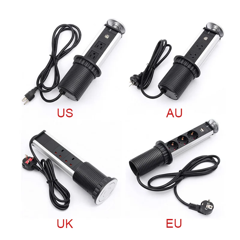  PULL POP UP 3 toma de corriente 2 puerto USB carga escritorio mesa de cocina enchufes retráctiles t