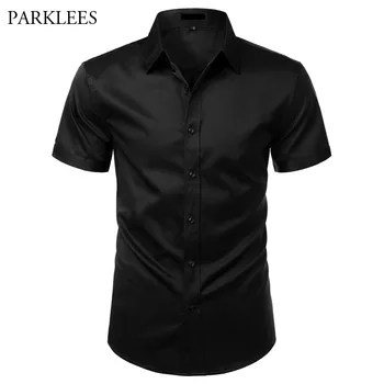 

Black Bamboo Fiber Mens Button Down Dress Shirts Elastic Non Iron Easy Care Shirt Men Chemise Formal Business Work Shirt Male